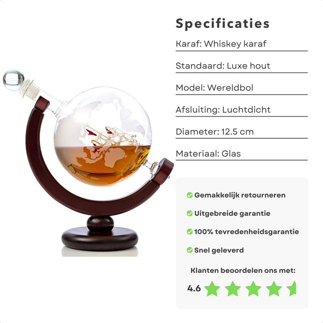 Luxe whiskey karaf in wereldbolvorm op houten standaard, met specificaties en klantbeoordeling van 4.6 sterren.