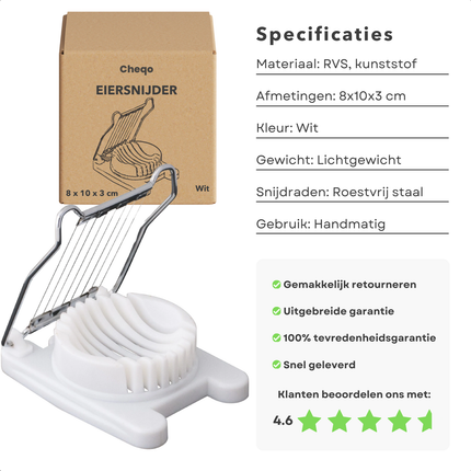 Cheqo® Eiersnijder RVS - Ei Snijder - Eisnijder - Perfect voor Plakken - 8x10x3 cm - Wit Keukenhulp