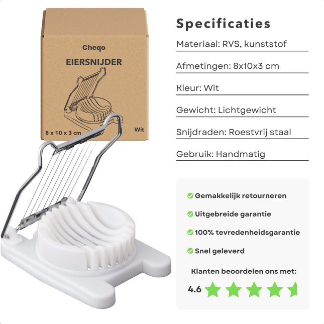 Cheqo® Eiersnijder RVS - Ei Snijder - Eisnijder - Perfect voor Plakken - 8x10x3 cm - Wit Keukenhulp