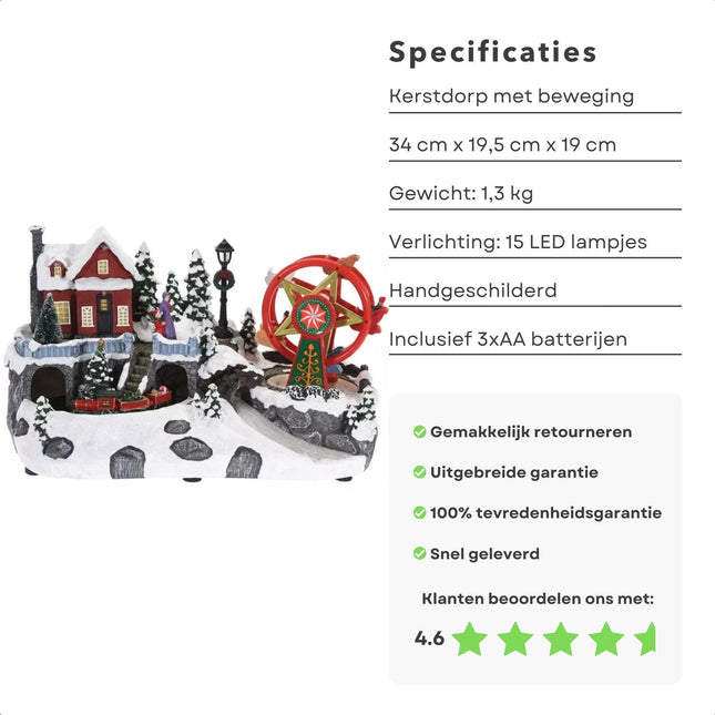 Cheqo® Magisch Kerstdorp - Met Draaiend Wonderwiel en Betoverende Trein - Verlichte Attracties en Bewegende Spektakels - Handgeschilderd - Op Batterij - 34 x 19,5 x 19 cm - Kersttafereel - Kermis - Kerstdecoratie - LED Licht kerstdorpen