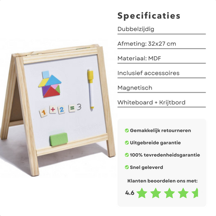 Cheqo® Dubbelzijdig Schoolbord met Houten Stand - Krijt- en Magnetisch Tekenbordje met Accessoires - 22.5x22.5 cm - Tekenbord - Krijtbord - Whiteboard