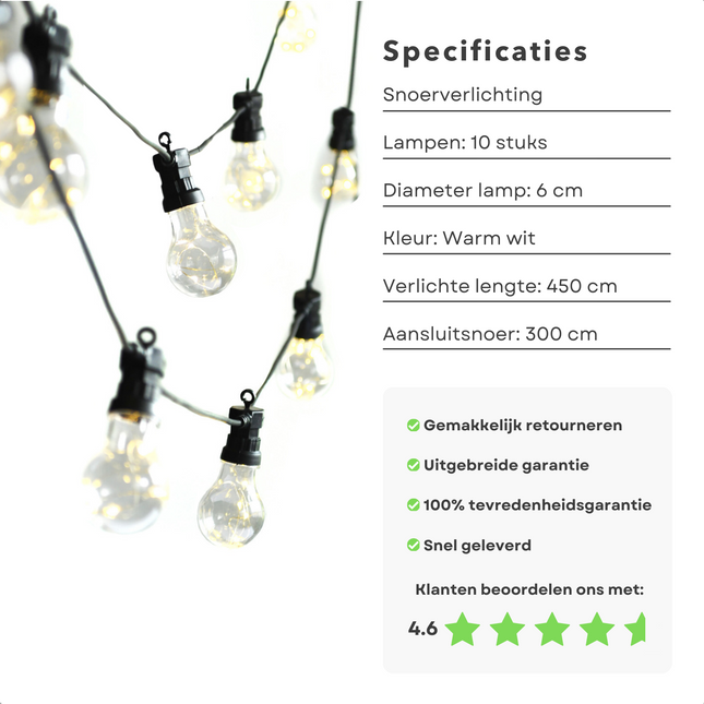Cheqo LED feestverlichting met warm wit licht en specificaties voor feestelijke buiten- en binnendecoratie.