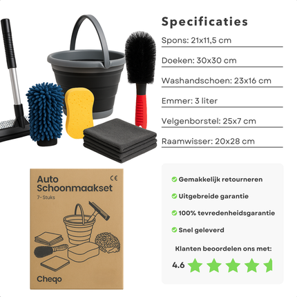 Cheqo® Auto Schoonmaakset 7-Delige Set – Microvezel Doek & Autowashandschoen – Opvouwbare Emmer – Velgenborstel – Raamwisser – Auto Interieur & Exterieur Reiniging – Compact & Lichtgewicht – Zonder Krassen – Auto Poets Set