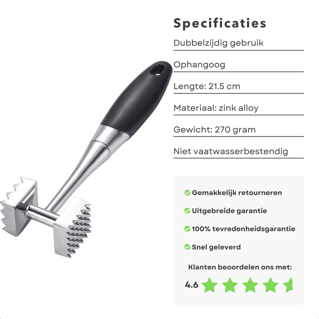 Cheqo® Vleeshamer Zink - Vleesvermalser - Vleesprikker - Schnitzelhamer - Vamer voor Schnitzel - Vleesklopper - Dubbelzijdig - Ergonomisch - 21.5 cm - Met Ophangoog