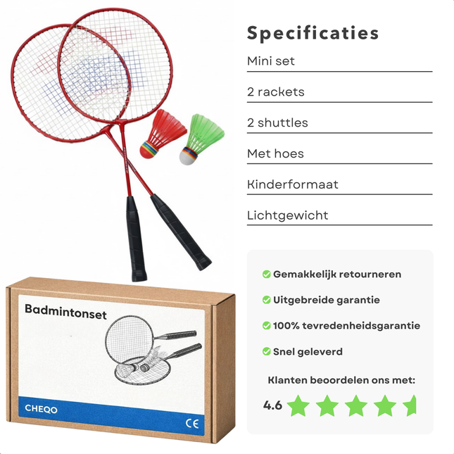 Cheqo® Mini Badmintonset - Badmintonset Kinderen - Badmintonset Vanaf 3 Jaar - Badmintonset 2 Spelers - Badmintonset met Shuttles - Badmintonset met Rackets - Badminton Set met Hoes