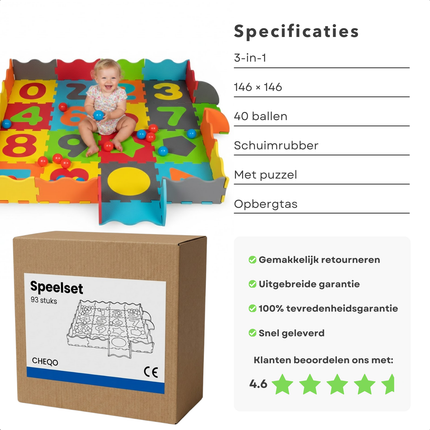 Cheqo® Speelmat Ballenbak - Puzzelmat Ballenbak - Baby Speelmat Ballenbak - Baby Speelkleed Ballenbak - 3 in 1 Speelmat - 3 in 1 Ballenbak - Baby Puzzelmat - Foam Puzzelmat Baby