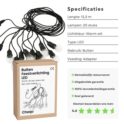 Cheqo® Outdoor Feestverlichting - 12,5 Meter Lang - 20 LED-Lampen - Warm Wit Licht - Tuinverlichting - LED Lichtslinger - Sfeerverlichting Buiten - Adapter Inbegrepen - Feestelijke Verlichting - Fairy Lights