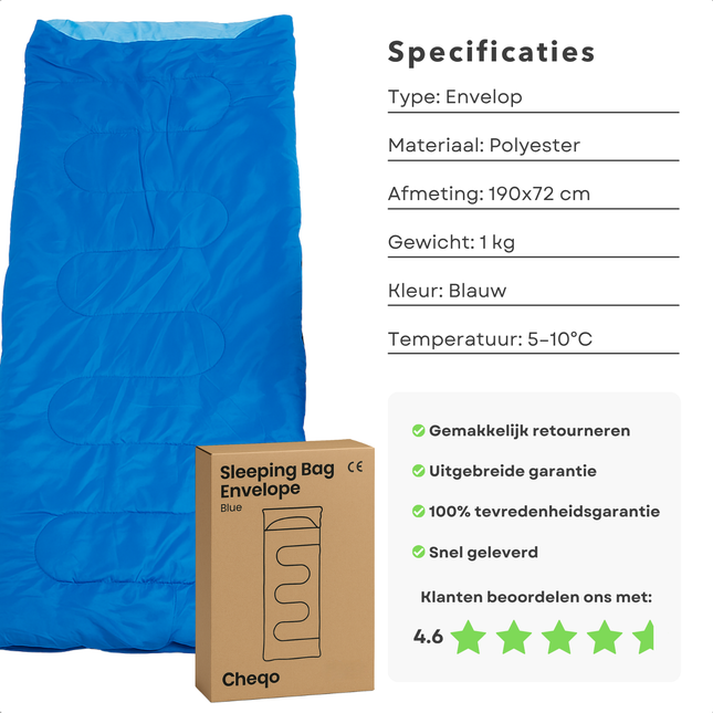 Cheqo® Envelop Slaapzak Volwassenen - Kamperen - Dekenmodel - Zomerslaapzak Polyester - Blauw