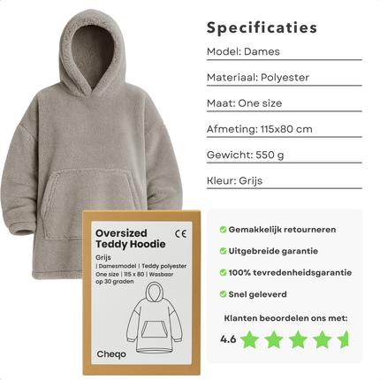 Cheqo® Teddy Hoodie Deken voor Vrouwen Grijs - Grijze Teddy Hoodie - Snuggle Hoodie - Cuddle Hoodie - Hoodie Blanket - Oodie Plaid - Deken - Oversized Hoodie - One Size