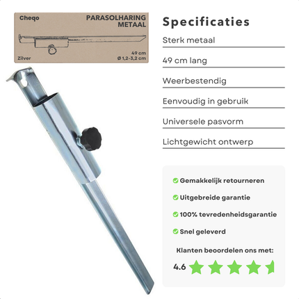 Cheqo® Parasolhouder Grond - Grondboor - Houder voor Parasol - Parasolharing Metaal 50 cm - Stevige Parasolhouder voor Strand - Verstelbare Diameter
