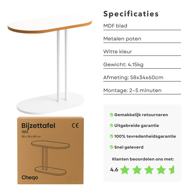 Cheqo® Moderne Bijzettafel - Salontafel Set - Bijzet Tafel Set - Laptoptafel - Banktafel - Nachtkastje - Wit Metaal - Compacte Laptoptafel - MDF