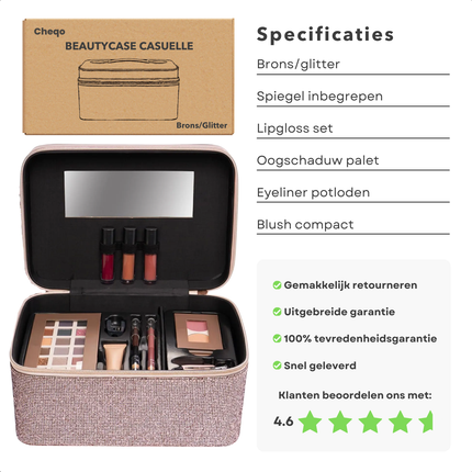 Cheqo® Beautycase Brons Glitter - Luxe Make-up Koffer met Spiegel - Complete Reisset - Beauty Case met Vakken - Visagiekoffer - Cosmeticakoffer - Beautycase
