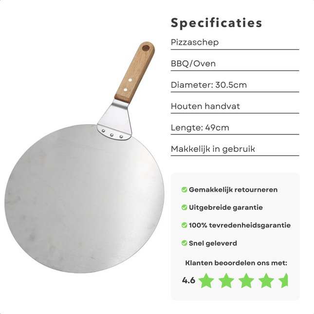 Cheqo RVS pizzaschep met houten handvat en specificaties, ideaal voor BBQ en oven, 30.5 cm diameter, 49 cm lengte.