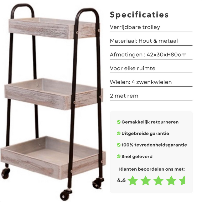 Cheqo® Trendy Keukentrolley - Keukenrek - Keukenkast - Serveerwagen - Opbergtrolley met Schappen en Wielen - Hout en Metaal - Verrijdbare Opbergtrolley
