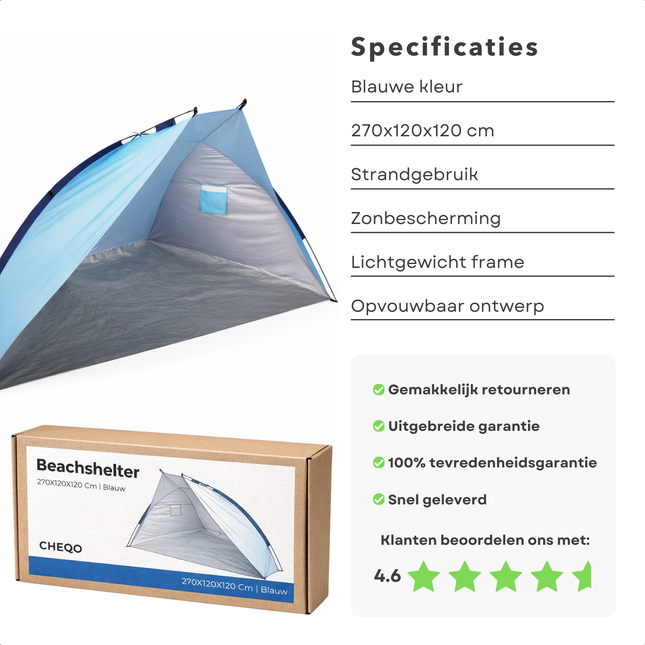 Cheqo® Strandtent - Beach Shelter - Beach Tent - Strand Shelter - Strandtenten - Pop Up Strandtent - Pop Up Beach Tent - Strandtent Pop Up - Strandtent 2 Persoons - Strandtent voor 2 Personen - Blauwe Strandtent