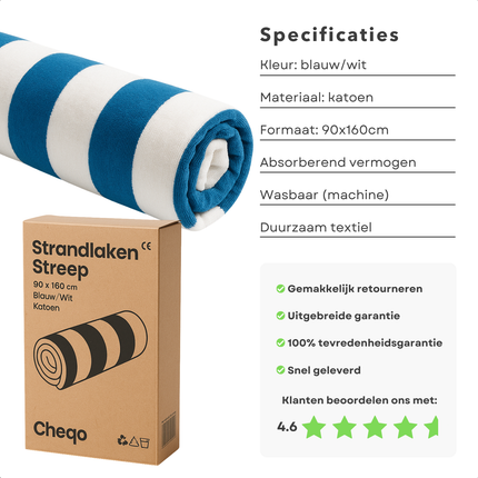 Cheqo® XL Strandlaken Katoen - Strandkleed - Gestreept Blauw/Wit - Absorberend en Groot