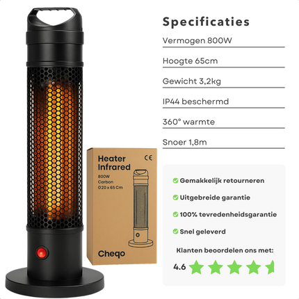 Cheqo® Infrarood Terrasverwarmer - Elektrische Heater - Infrarood Verwarming - Staande Heater - IP44 Spatwaterdicht - Binnen En Buiten Gebruik - Draagbare Verwarming - Kantelbeveiliging - Stof- En Waterbestendig - Hittebestendig Gaaswerk