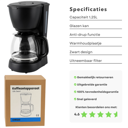 Cheqo® Koffiezetapparaat met Glazen Kan - Uitneembaar Filter - Anti-Drup Functie - Koffiezet Apparaat - Filterkoffie Machine - Warmhoudplaatje - Koffiemachine - Zwart Koffiezetapparaat - Betrouwbare Koffiemachine