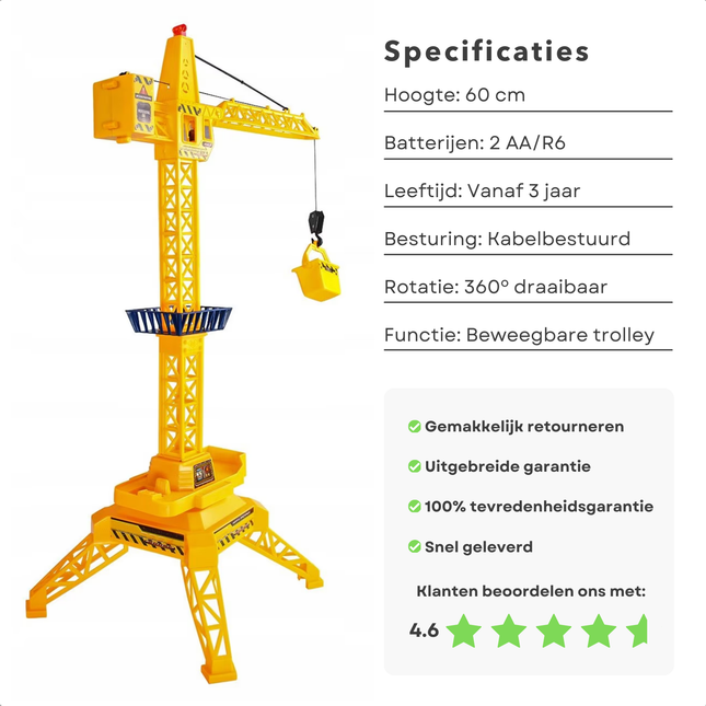 Cheqo® Speelgoed Kraan 60 cm - Hijskraan - Elektrische Kraan met Afstandsbediening - Bouwspeelgoed Kinderen