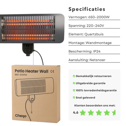 Cheqo® Terrasverwarmer Wandmodel – Infrarood Verwarming Buiten – Elektrische Patio Heater 2000W – Quartz Verwarmingsbuis – 3 Warmtestanden – Spatwaterdicht IP34 – Balkonverwarmer – Weersbestendig – Energie-efficiënt – Wandmontage
