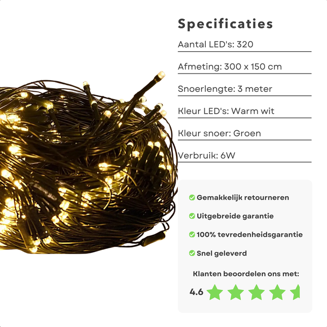 Warm witte Cheqo® kerstverlichting met 320 LED's, 300x150cm, IP44, groene snoer, binnen en buiten gebruik, klantbeoordeling 4.6 sterren.