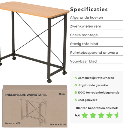 Cheqo® Inklapbare Wandtafel - Bijzettafel - Laptop Tafel - Haltafel - Bedtafel - Zwart Metaal - Met Wielen
