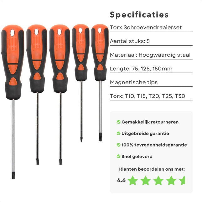 Cheqo® 5-delige Torx-Schroevendraaierset - Magnetisch - T10 (75mm) - T15 (75mm) - T20 (125mm) - T25 (125mm) - T30 (150mm) - Gereedschapset - Bitset met Torx - Schroevendraaier - Hoogwaardig Staal - Schroevendraaier met Precisie - Handgereedschap Schroevendraaiers