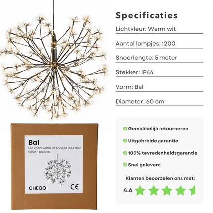 Cheqo® Kerstbal Kerstverlichting - Warm Wit Licht - 1200 LED Lampjes - IP44 - Kerstverlichting Buiten - Zwart Snoer - Micro LED-Lampjes - Lichtgevende Bal - Sfeerverlichting Tuin - Kerstverlichting Met Timer