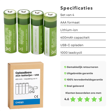 Cheqo® Oplaadbare Batterijen AAA - USB Oplaadbaar - 400mAh Capaciteit - 4 Stuks Set - Lithium-Ion Technologie - USB-C Connector - Snel Opladen - Led Indicator - Maximaal 1000 Keer Opladen