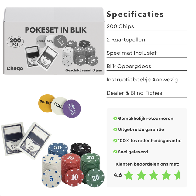 Cheqo® Pokerset 200-delig - Poker Set - Pokerspel - Poker Chips - Inclusief Speelmat en Professionele Pokerchips - Geschikt voor Kinderen - Handig Opbergblik