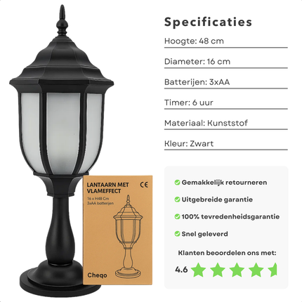 Cheqo® Lantaarn Met Vlameffect - Sfeervolle Kerst Lantaarn - Realistisch Vlameffect - Kunststof Lantaarn - Timer Functie - 48 cm Hoog - Voor Binnenshuis - LED Verlichting - Op Batterijen - Op Batterijen - 6 Uur Aan