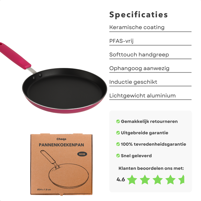 Cheqo® Pannenkoekenpan 24 cm - Pannenkoekpan PFAS Vrij - Crepe Pan - Koekenpan voor Pannenkoeken - Keramische Anti-aanbaklaag - Ook voor Inductie