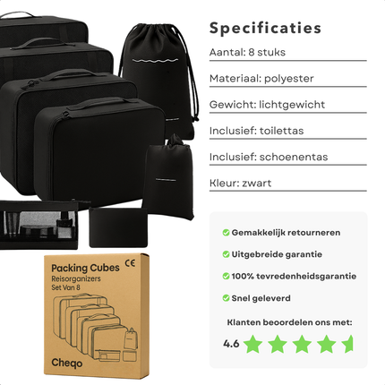 Cheqo® Packing Cubes - Koffer Organizer Set - Reisorganizers - Set Van 8 - Licht Van Gewicht - Polyester Materiaal - Schoenentas - Toilettas - Verschillende Maten Reistasjes - Bagage Organizers - Travel Cubes - Reis Accessoires