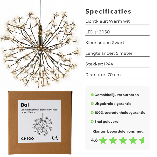 Cheqo® Kerstverlichting Bal - Warm Wit Licht - Micro LED-Lampjes - Spatwaterdicht - IP44 Stekker - Zwart Snoer - Tuinverlichting - Lichtgevende Kerstbal - 70 CM Diameter - Kerstlampjes Buiten - Lichtgevende Paardenbloem