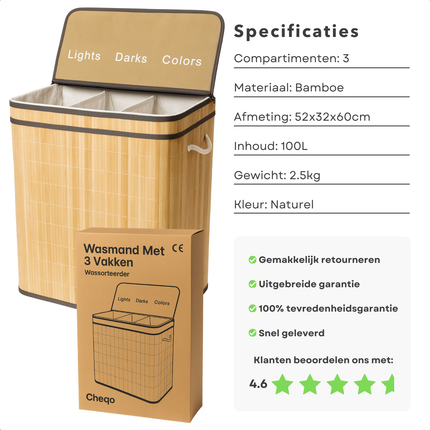 Cheqo® Wasmand 3 Vakken - Wassorteerder - Bamboe Materiaal - Uitneembare Waszak - Licht Donker Kleur - 100 Liter Inhoud - Naturel Kleur - Wasbare Binnenzak - Wasgoed Organizer - Gescheiden Was
