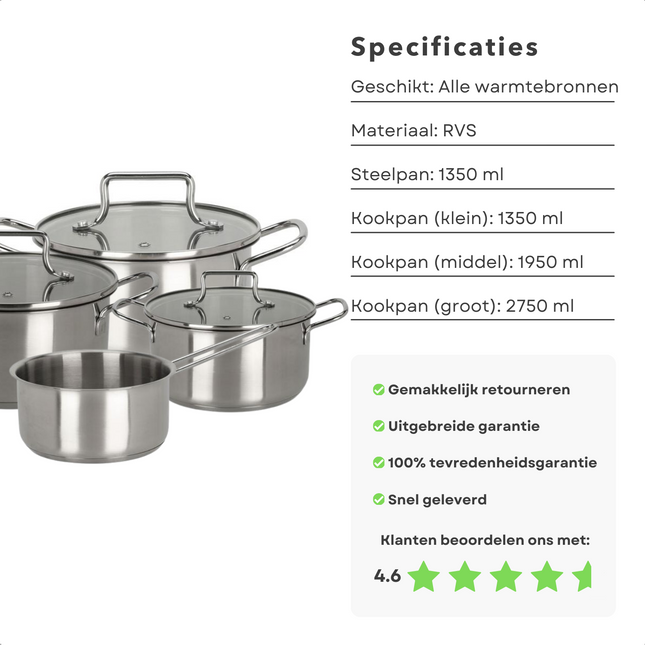Cheqo® Complete Kookpannenset - Pannenset - Kookpan Set - Kookpannen - 4 Pannen met 3 Deksels - Geschikt voor Alle Warmtebronnen - Ook voor Inductie