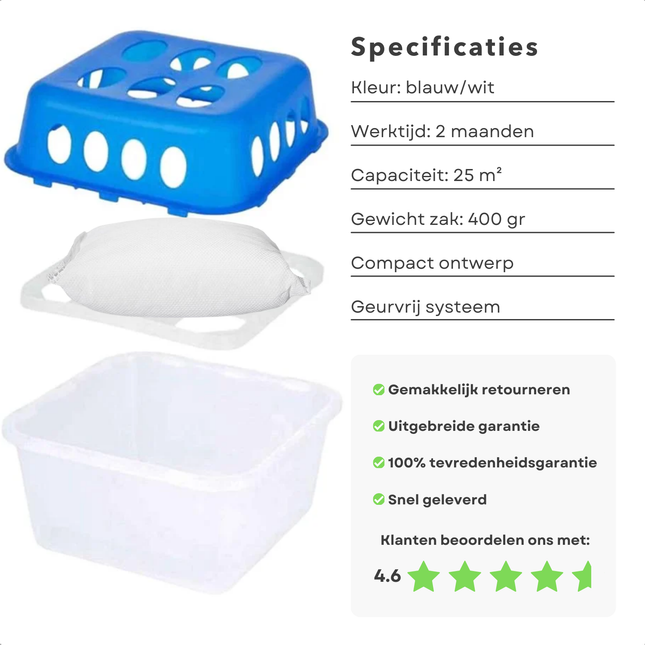 Cheqo® Vochtontrekker met 2 Navullingen - Vochtvreter - Luchtontvochtiger Tegen Schimmel - Vochtbestrijding met Absorberend Materiaal