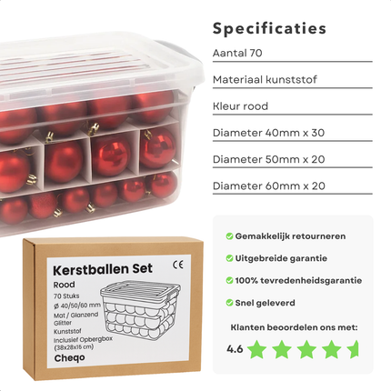 Cheqo® Rode Kerstballen Set - 70 Stuks - Kunststof Kerstballen - Kerstbal Opbergbox - Rood Kerstdecoratie - Mat Glanzend Glitter - Verschillende Uitvoeringen - Met Kerstbal Opbergbox - Opbergdoos - Afsluitbaar Deksel
