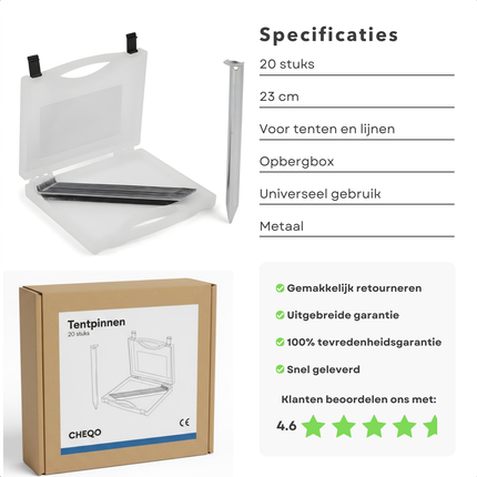 Cheqo® Tentharingen - Tentharingen Set - Tentharingen 20 Stuks - Grondpennen - Grondpennen Tent - Grondpennen Set - Tentpennen - Tentpennen Set - Tent Haringen - Grondharingen - Spijkerharingen