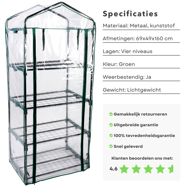 Cheqo® Mini Kas 4 Lagen - Broeikas - Foliekas - Moestuin - Weerbestendige Plantenkas - Kweekkas - Met Opbergruimte