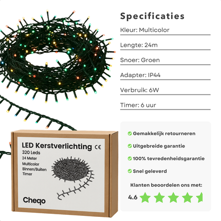 Cheqo® LED Kerstverlichting - Kerstlampjes - Kerstboomverlichting - 320 LED Lampjes - Multicolor Verlichting - Veelkleurige LED - 24 Meter Lengte - 8 Lichtfuncties - Geheugenfunctie - Timerfunctie - Binnen en Buiten - IP44 Adapter