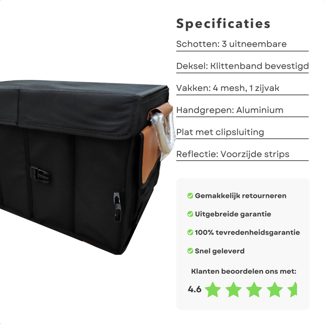Cheqo Auto Organizer met aluminium handgrepen, 40 liter capaciteit en Oxford 600D materiaal, met klantbeoordeling van 4.6 sterren.