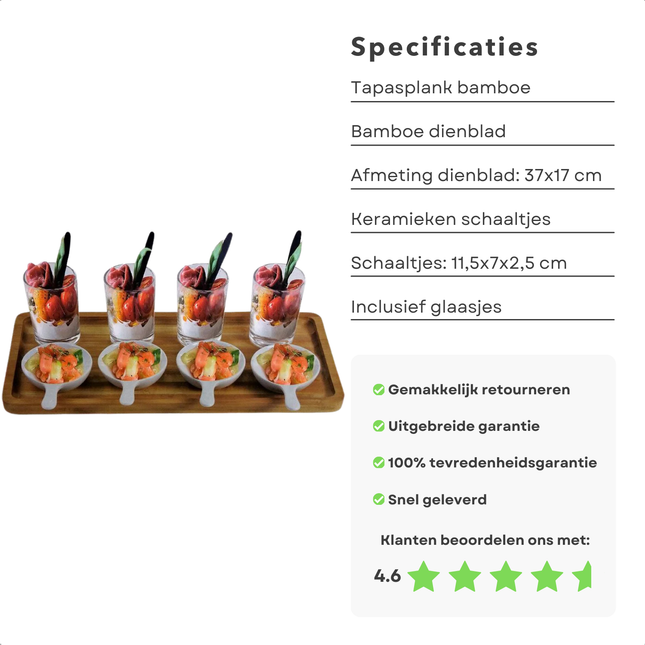 Cheqo Tapasplank set met bamboe plank, keramische schaaltjes, en glaasjes, perfect voor het serveren van diverse hapjes.