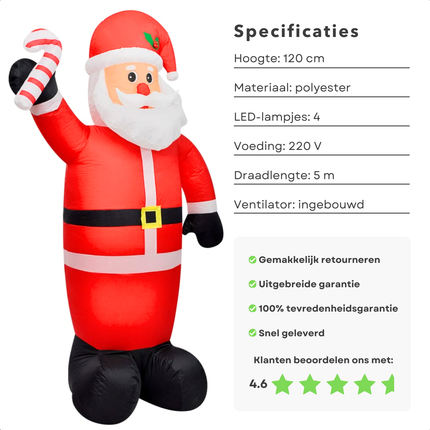 Cheqo® Opblaasbare Kerstman - Kerstman Opblaasbaar - Kerstversiering - 120 cm - LED Verlichting - Tuin Decoratie - Polyester