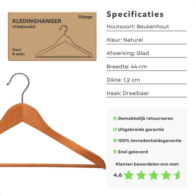 Cheqo® Houten Kledinghangers Set - Kleerhanger Set - Kleding Hangers - 8 Stuks - Kast Organisatie - Hout