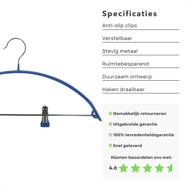 Cheqo® Metalen Kledinghanger - Kleerhanger - Kleerhangers - Kleding Hanger - Anti-Slip Clips - Voor Broeken en Shirts - Duurzaam en Praktisch