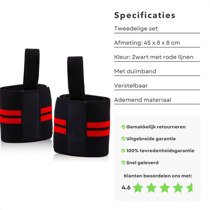 Cheqo® Polsbeschermers voor Krachttraining - Set van 2 CrossFit Polsband Polsbandage - Polsbrace - Verstelbare Wrist Wraps - Zwart met Rood