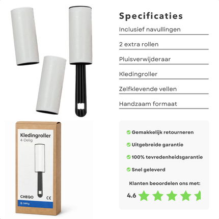 Cheqo® Kledingroller - Kleefroller - Plakroller - Pluizenroller - Stofroller - Lint Roller - Kledingroller Set - Pluizenroller Herlaadbaar - Rollers Voor Kleding - Pluizen Verwijderaar