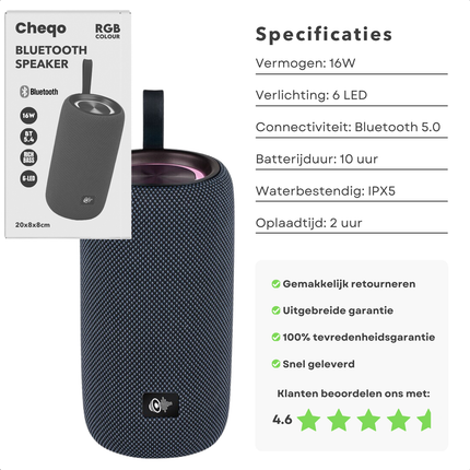 Cheqo® Bluetooth Speaker 16W - Draadloos & Waterdicht - Party LED Verlichting - Party Speaker - Compact & Draagbaar
