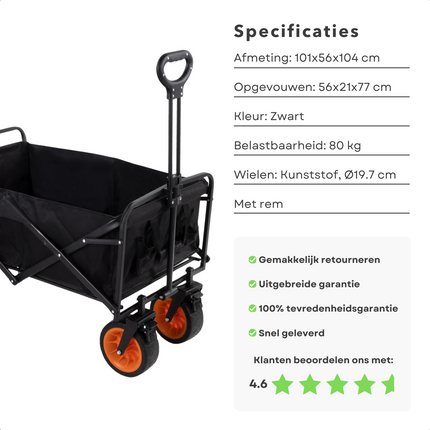 Cheqo® Opvouwbare Bolderkar met Rem - Zwart - 101x56x104 cm - Max. 80 kg - Inklapbaar - Handige Bolderwagen